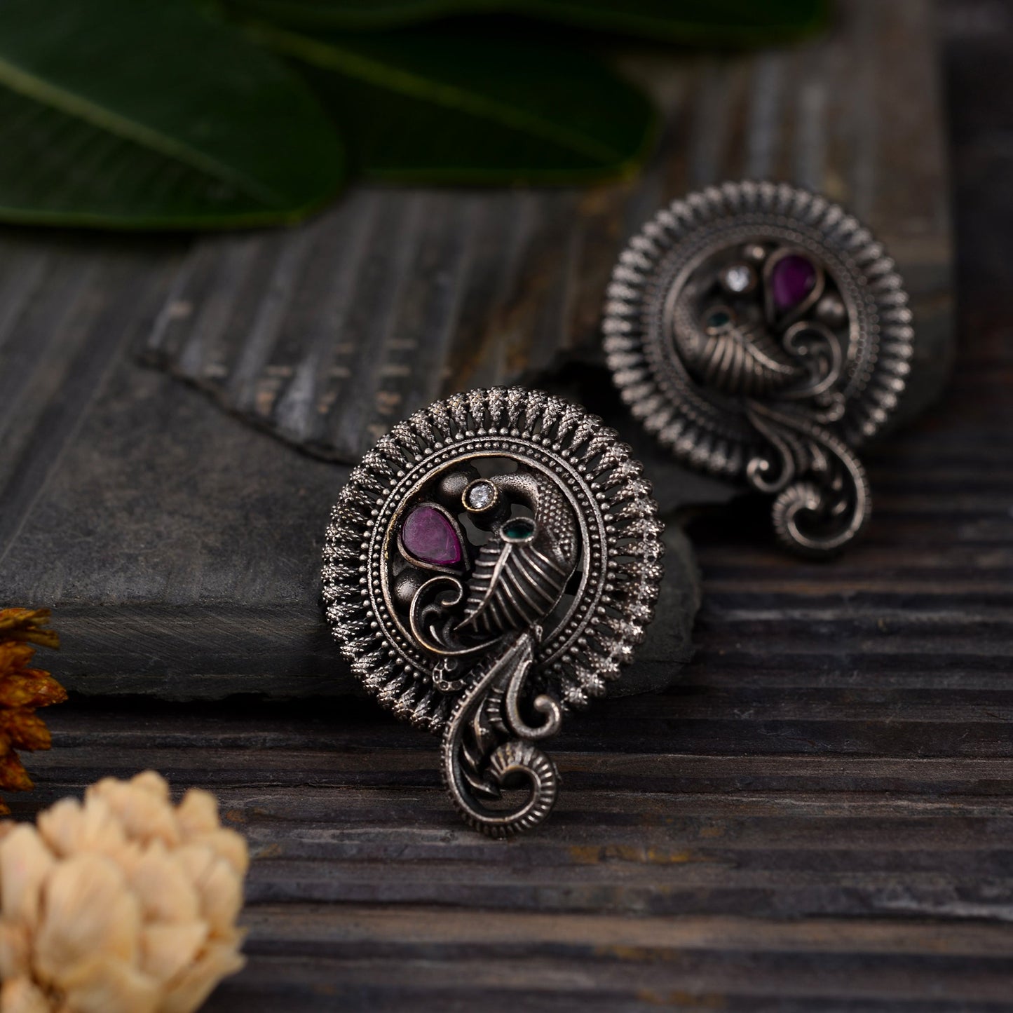 MorRatna- Silver Brass Stone-Studded Stud Earrings(Multicoloured)