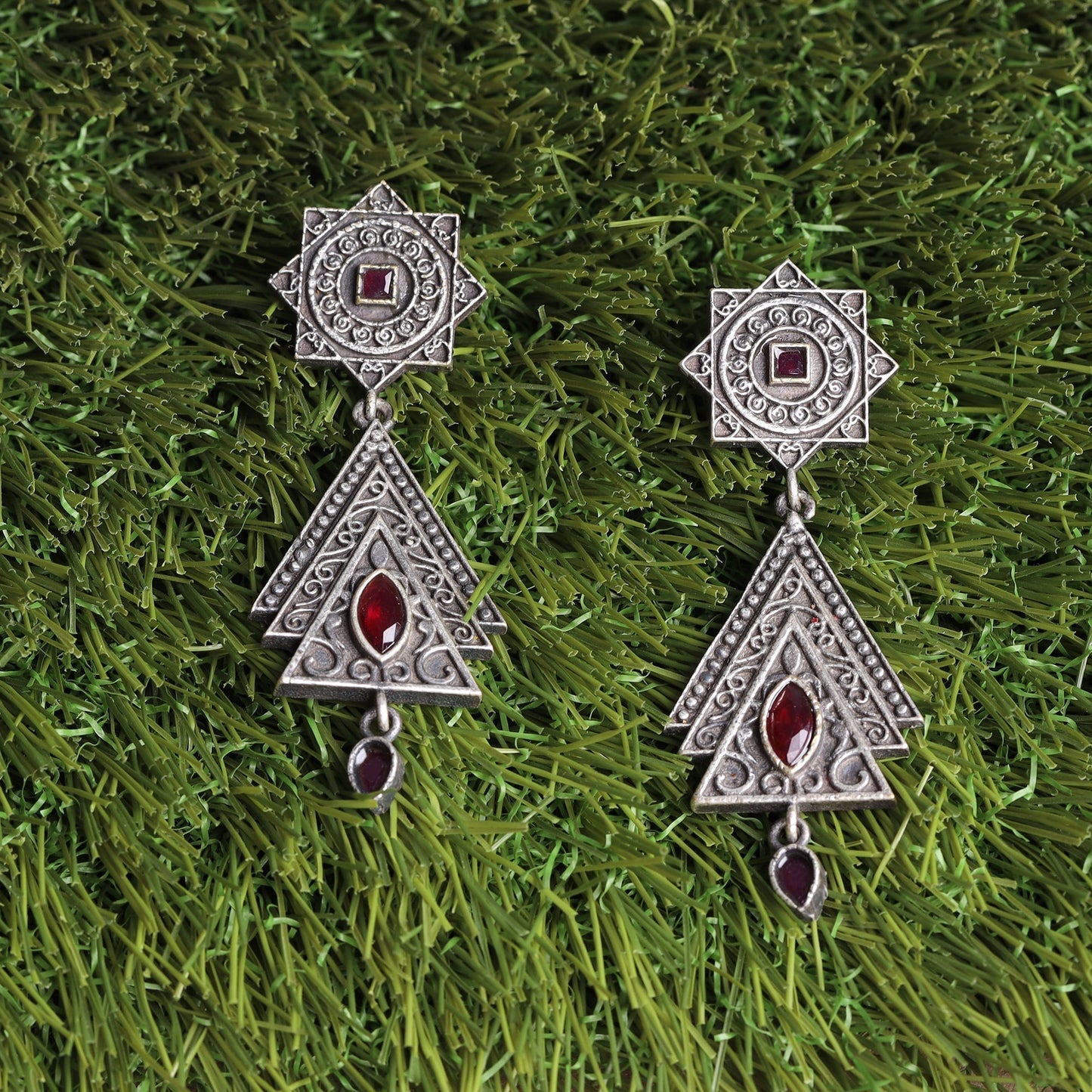 Triratna- Silver Brass Oxidised Dangler earrings