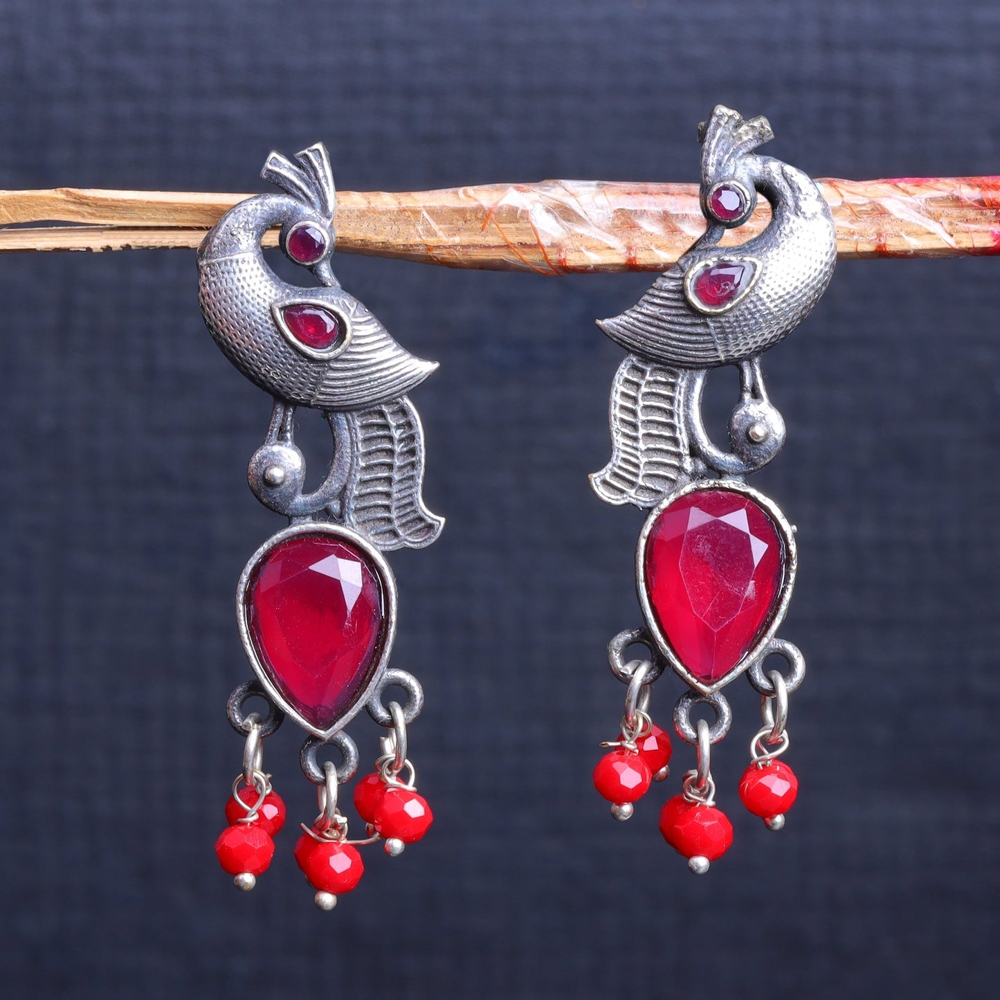 Morisha- Silver Brass Stone-Studded dangler earrings(Red)