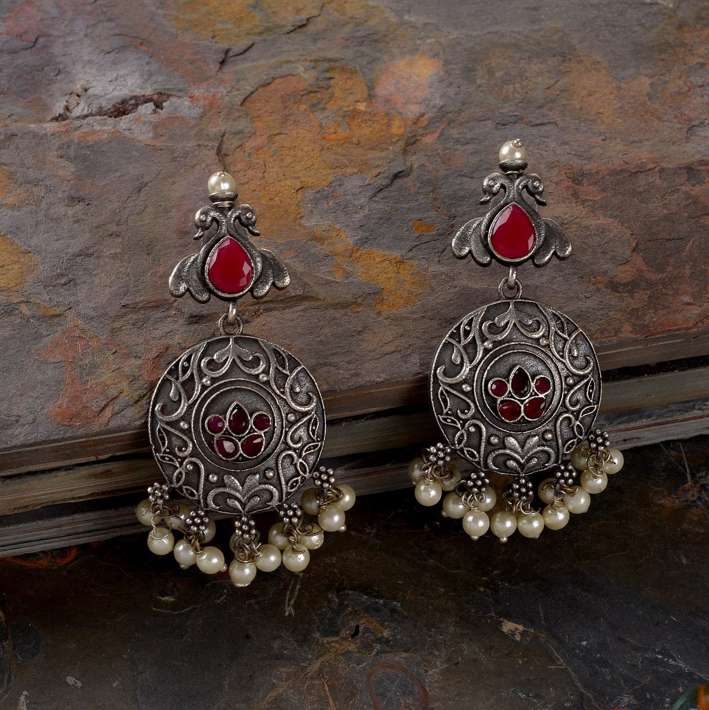 Pravah- Silver Brass Pearl dangler earrings(Red)