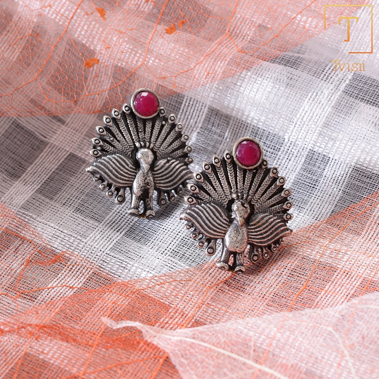 Pakshi- Silver oxidised Stone-Studded stud earrings