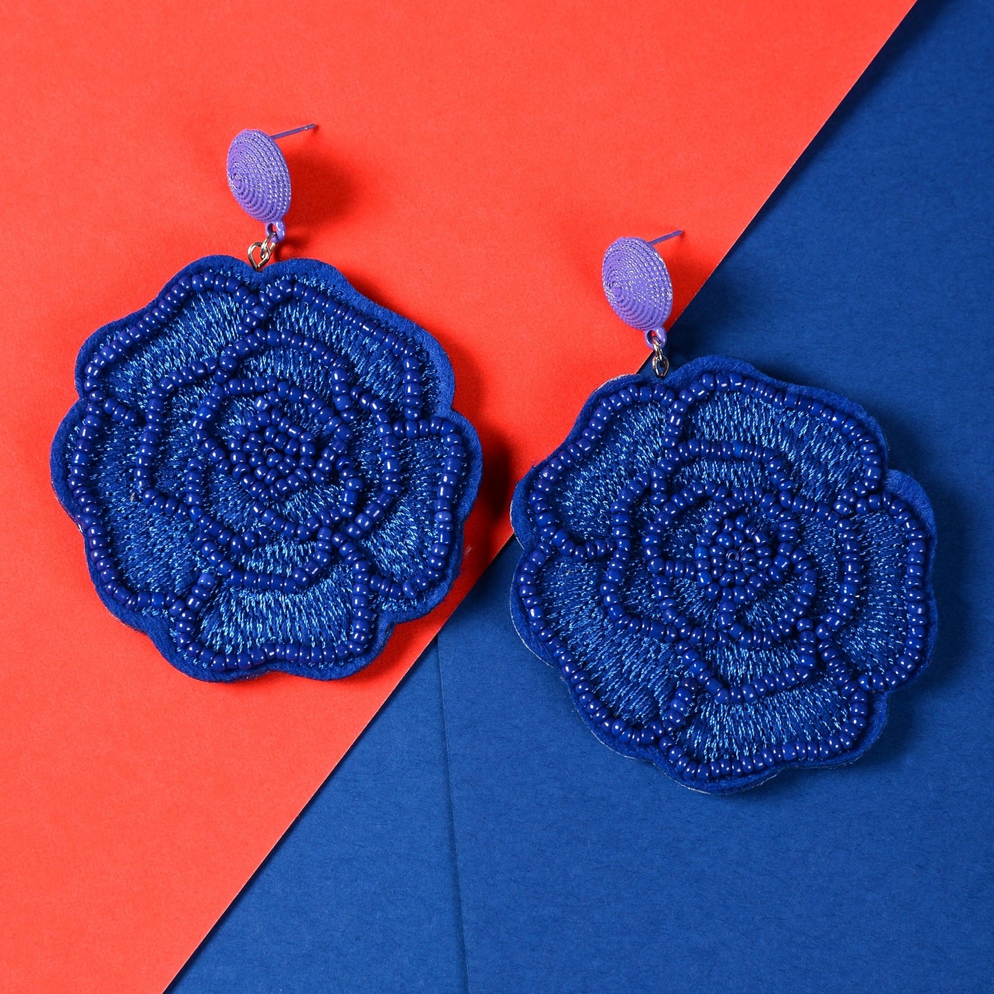 Beady Flower- Beaded rose dangler earrings(Blue)