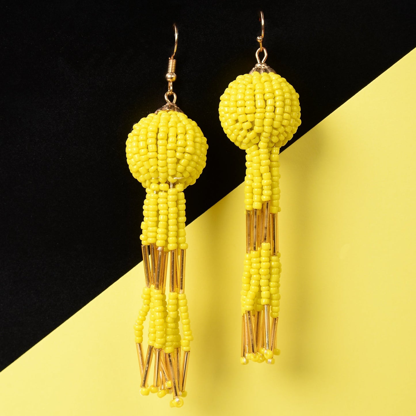 Beaded Ball- Bead studded dangler earrings (Yellow)