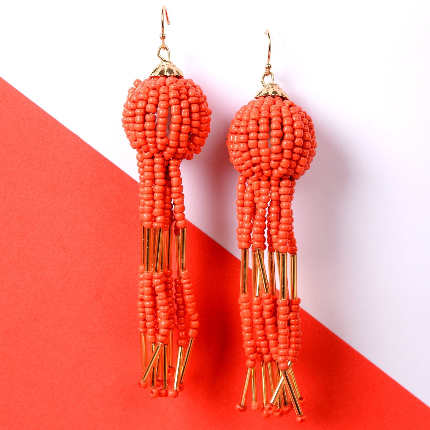 Beaded Ball- Bead studded dangler earrings (Red)