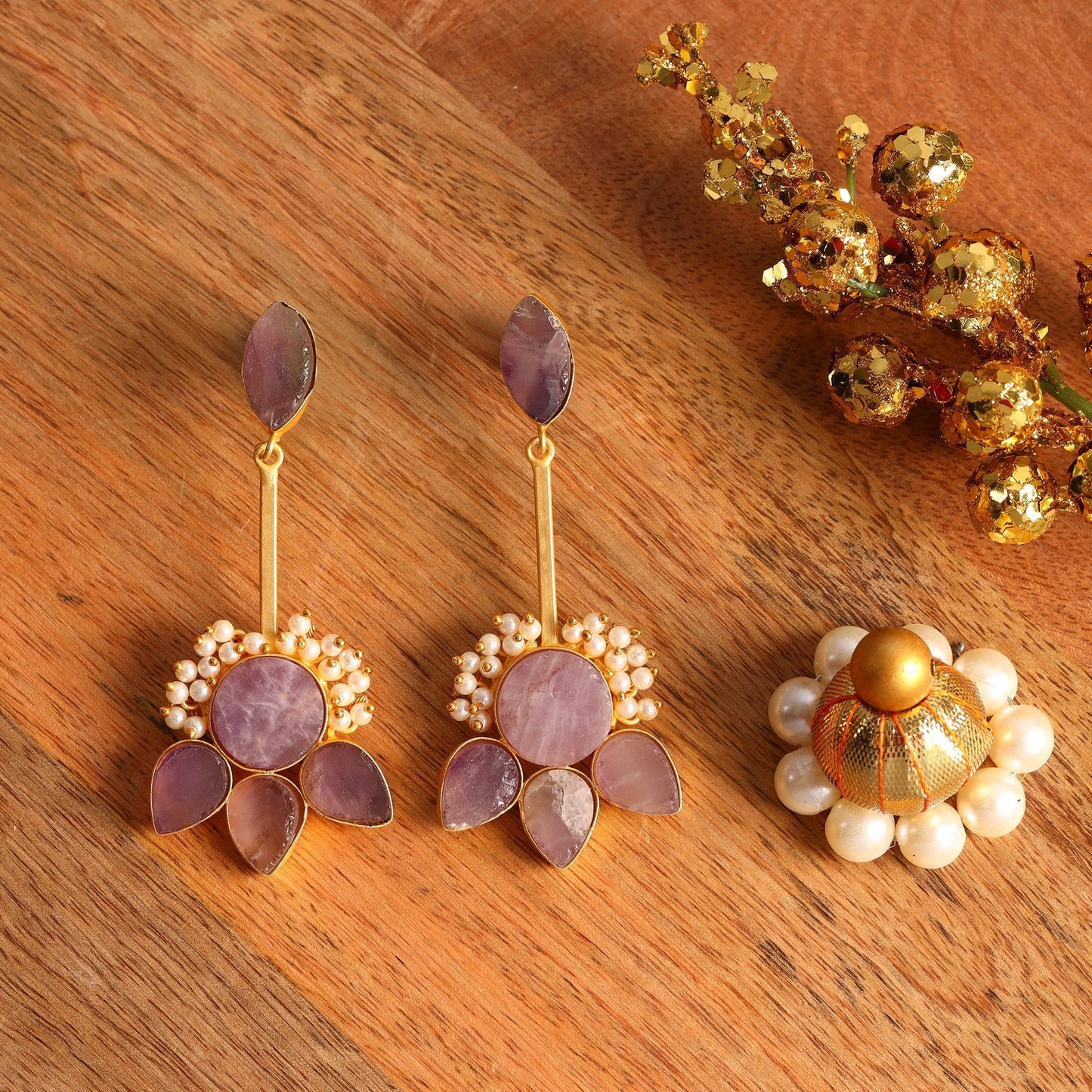 Ziyana- Stone Studded Baby Pearl Dangler Earrings(Purple)