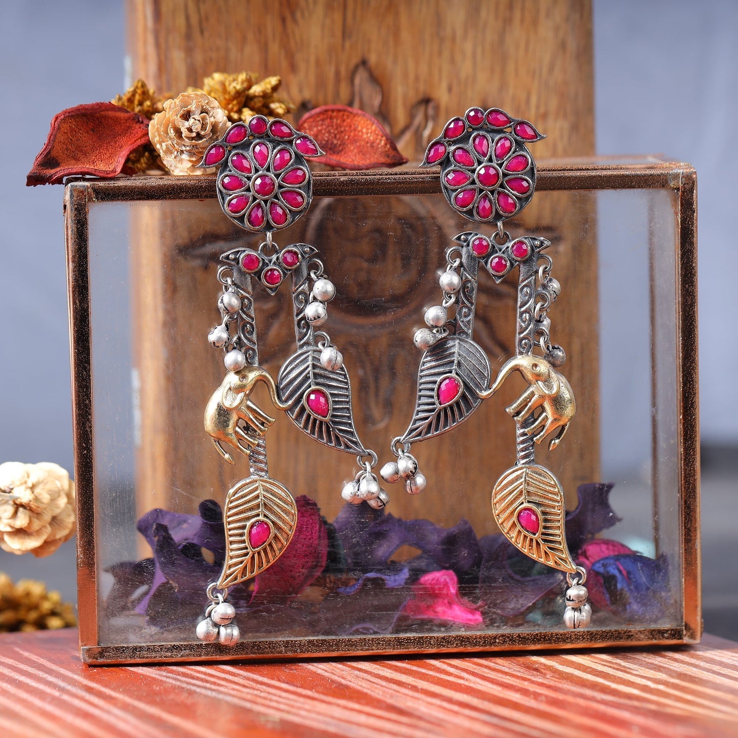 Yugalika- Silver Brass Oxidised dangler earrings(Red)