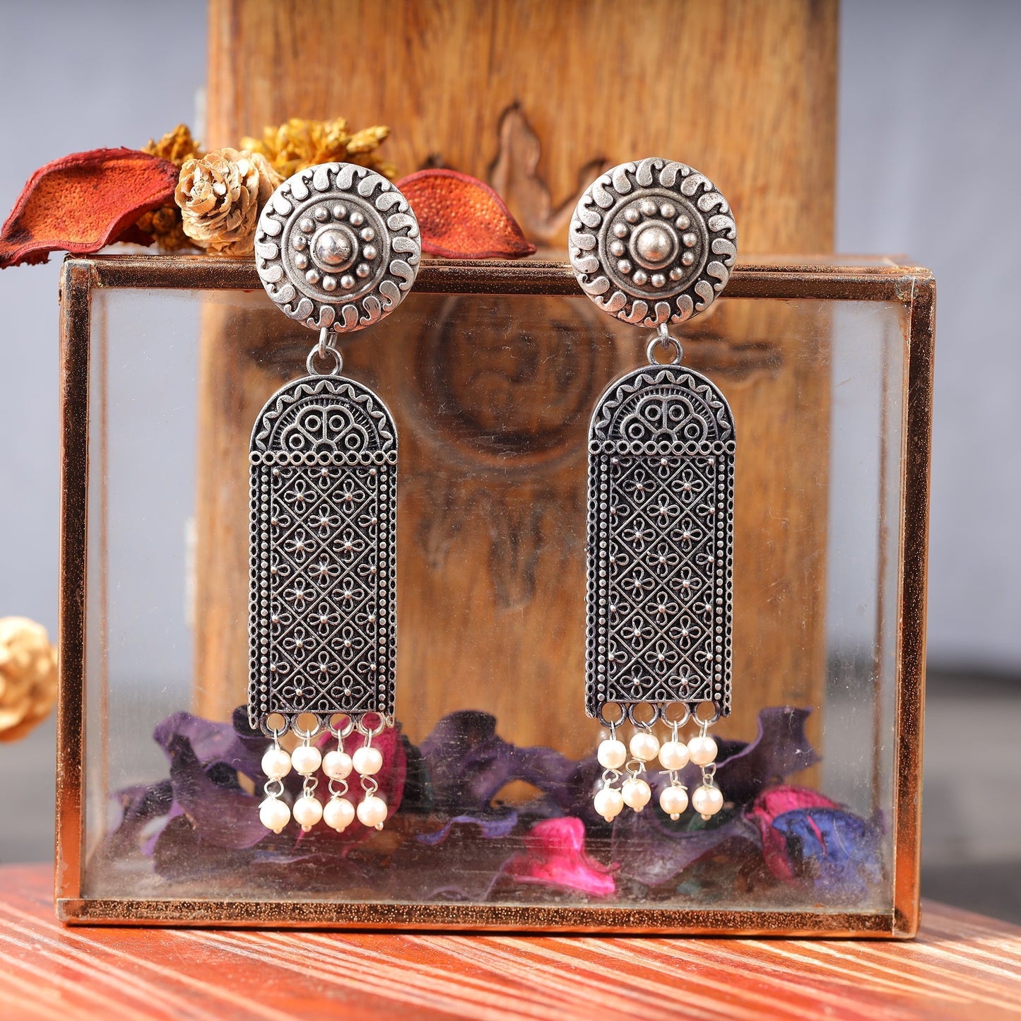 Jharokha- Silver Brass Oxidised Dangler earrings