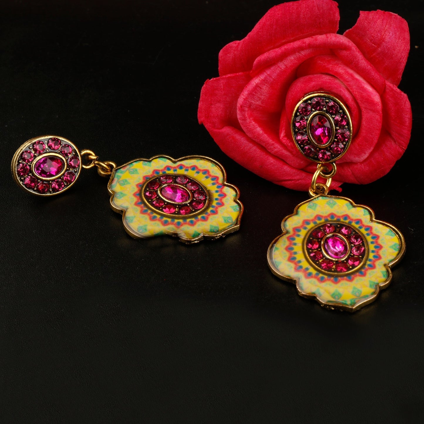 Mystic mirror- Hand painted stone studded dangler earrings
