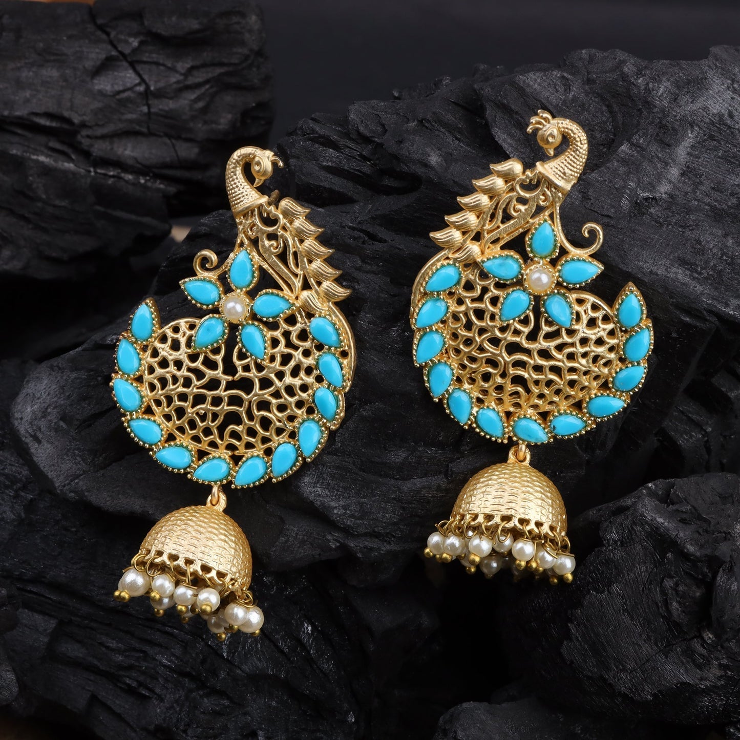 Prisha- Stone Studded Hanging Pearl Jhumki Earrings(Sky Blue)