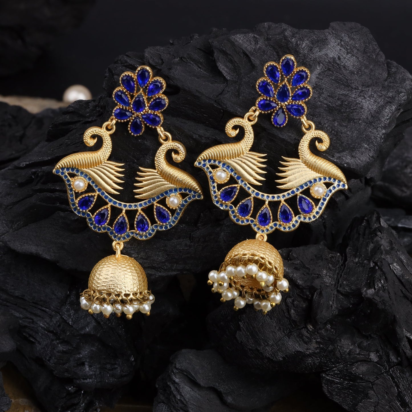 Nishita- Stone Studded Hanging Pearl Jhumki Earrings