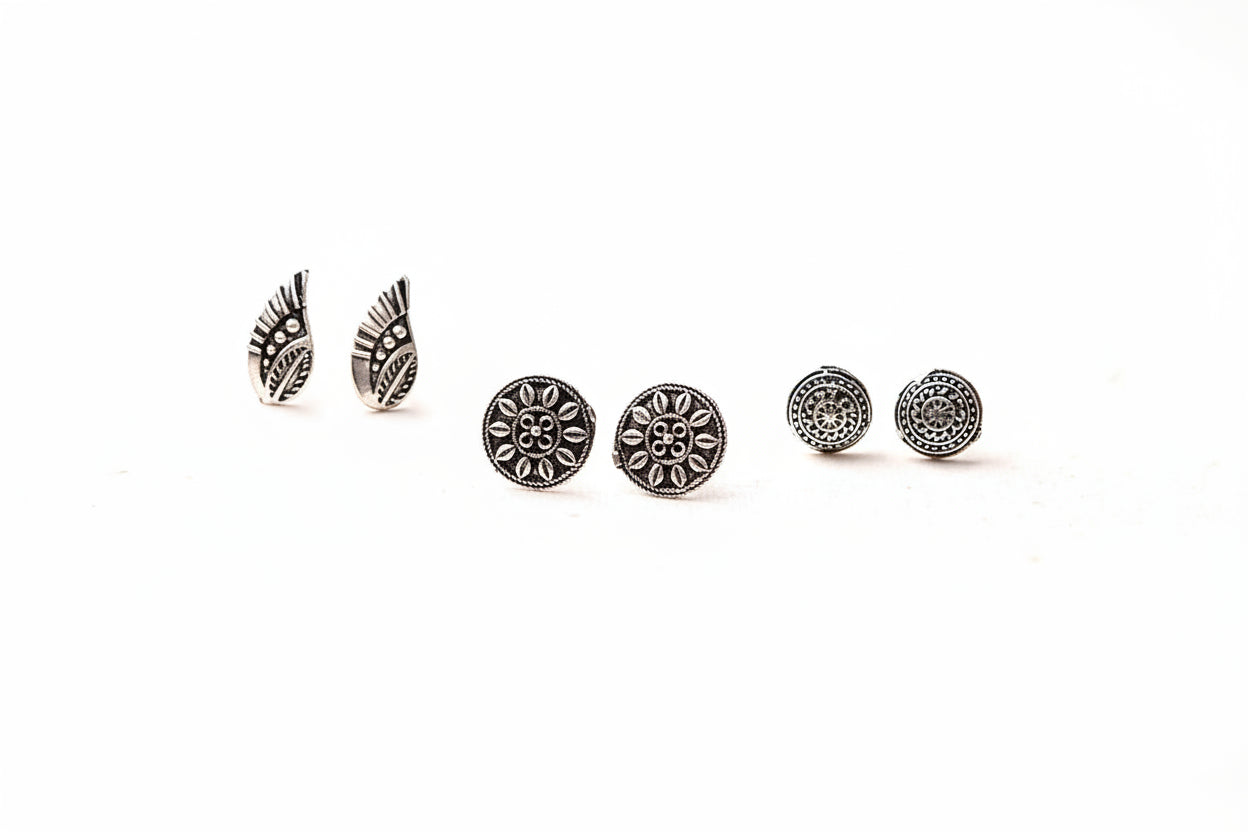 Teen Tara- Combo of Silver Brass Oxidied stud Earrings