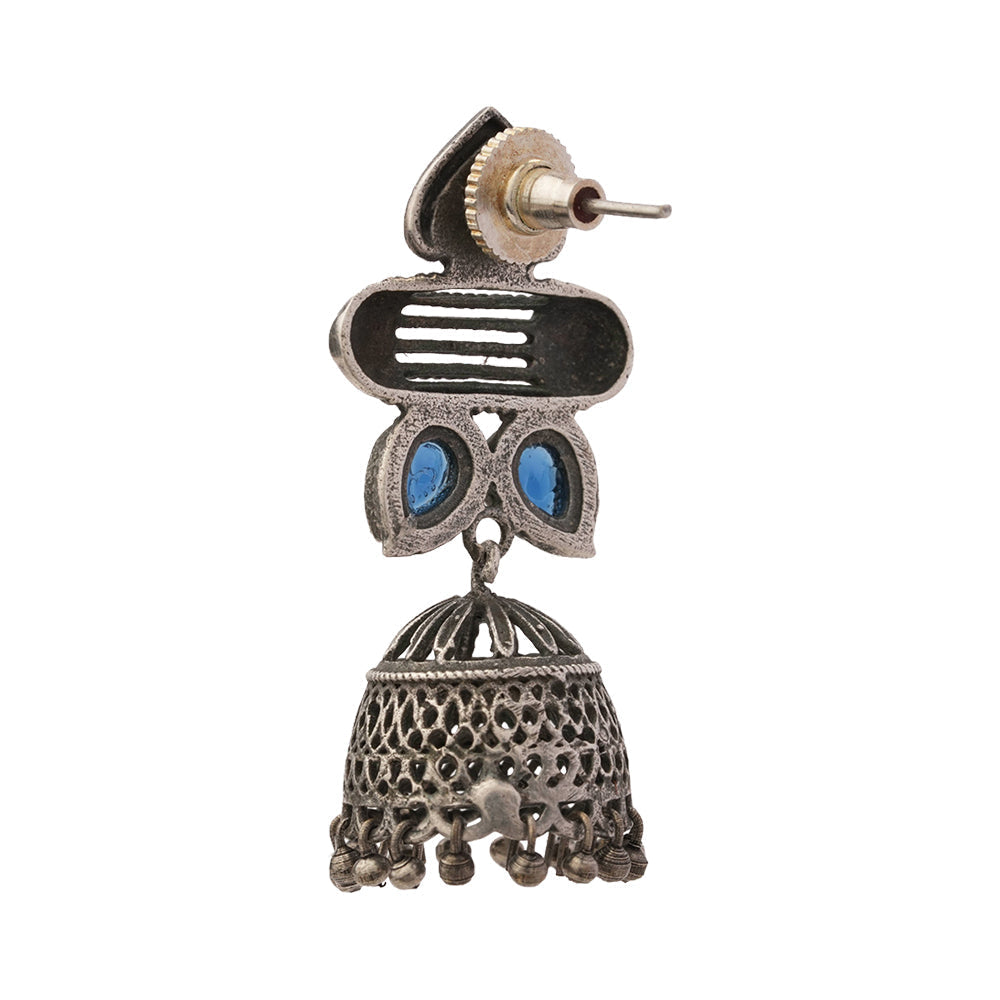 Taal- Silver Brass Oxidised jhumka earrings(Blue)