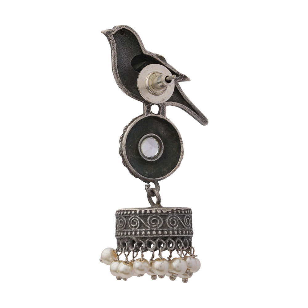 Chakori- Silver Brass Oxidised Jhumka Earrings(White)