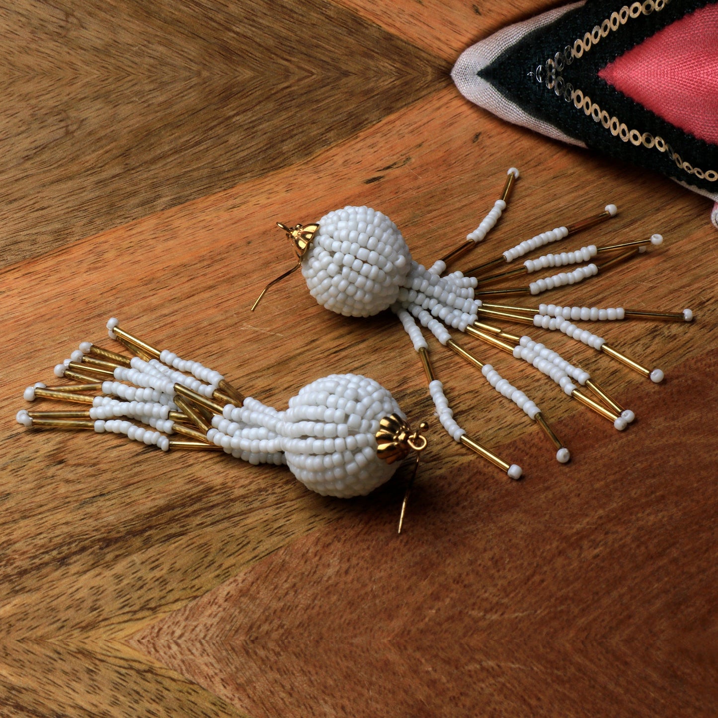 Beaded Ball- Bead studded dangler earrings (White)