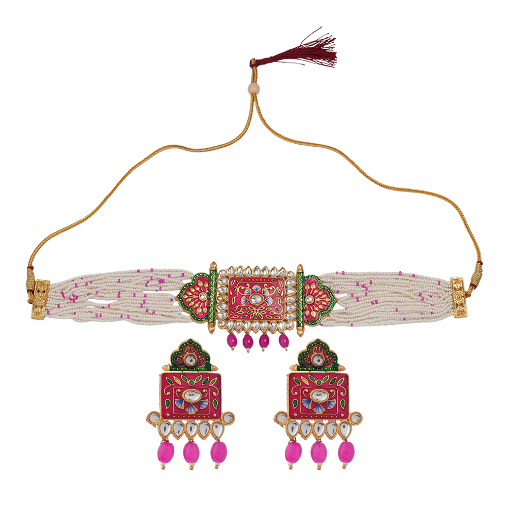 Ishani- Stone Studded Hanging Pearl Beaded Neckpiece Set (Dark Pink)