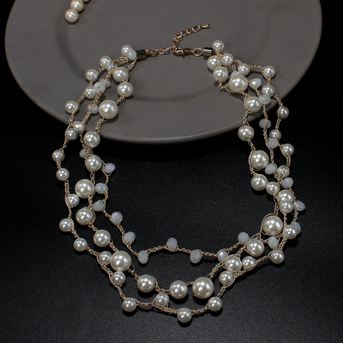 Statement pearls- Pearl studded statement neckpiecegolden minimal layered necklace