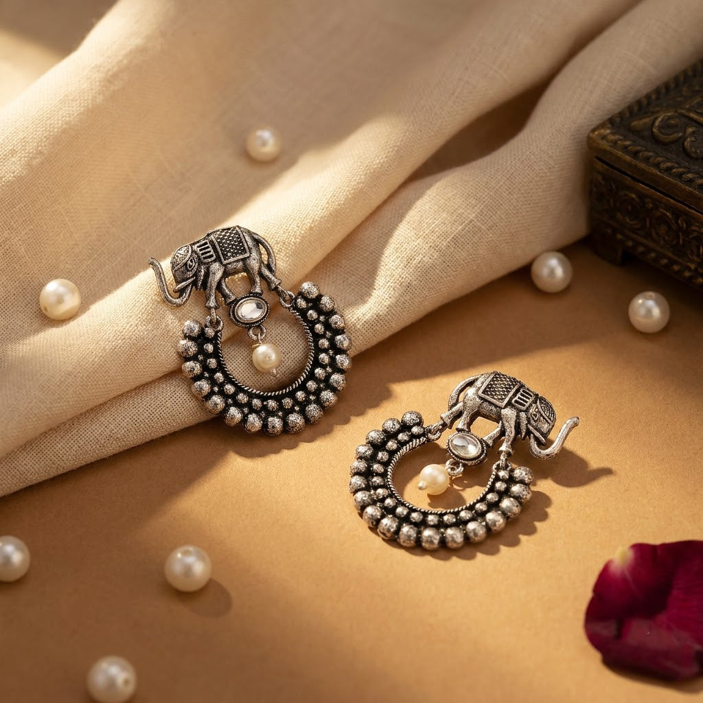Oxidized Elephant Pearl Chandbali Earrings