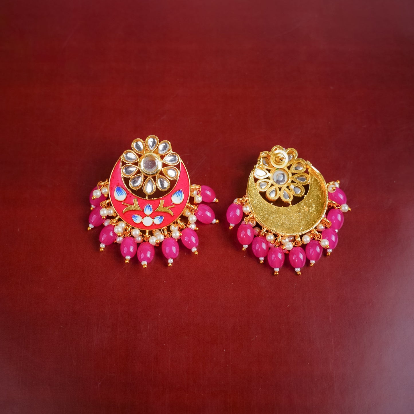 Aarvi- Stone Studded Stud Earrings(Pink)