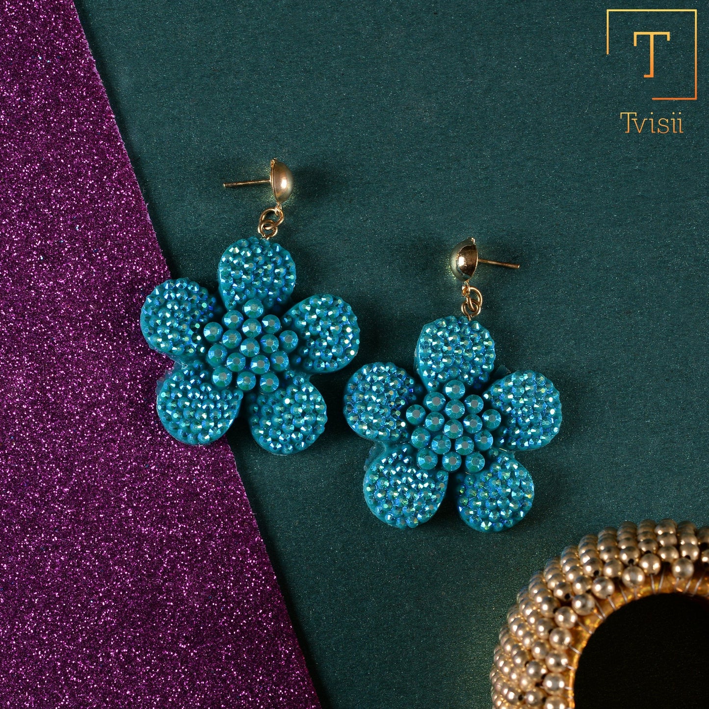 Blush Bloom- Stone studded flower shaped dangler earrings(Green)