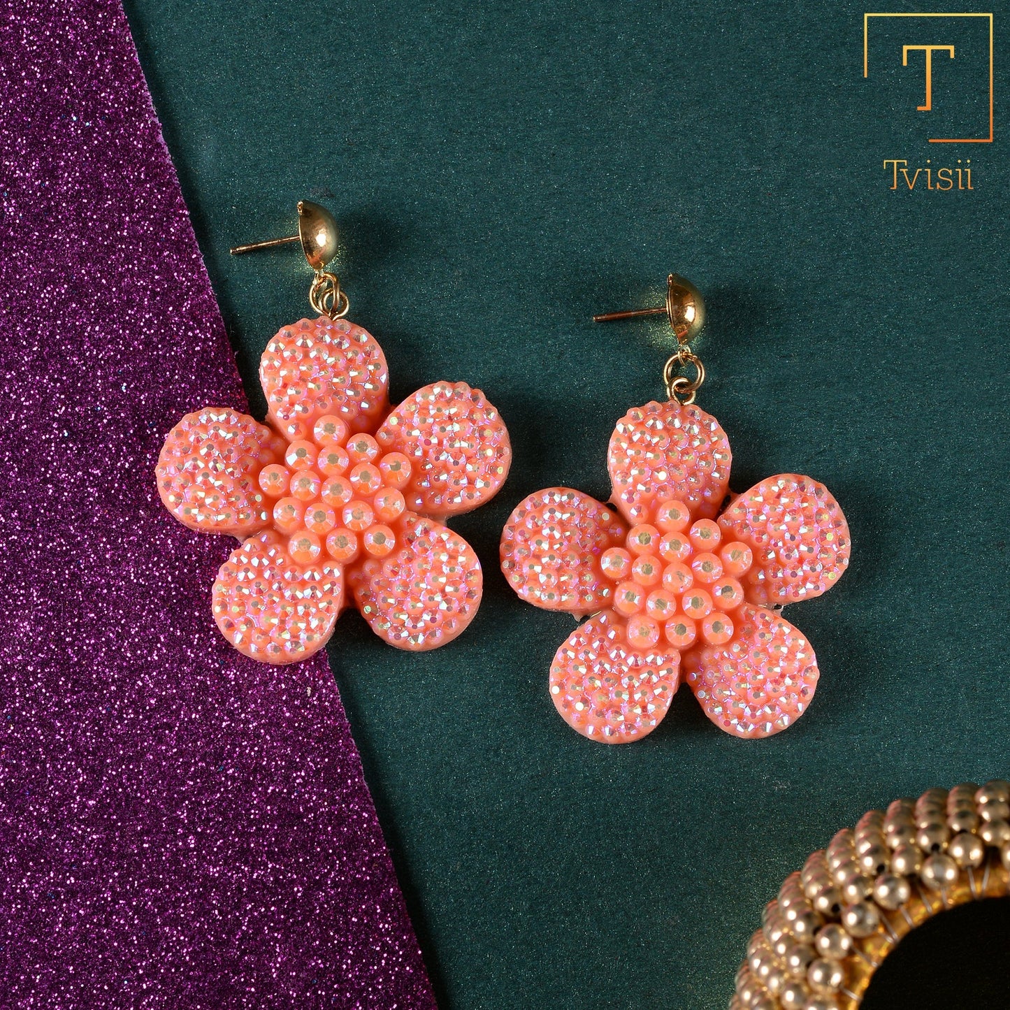 Blush Bloom- Stone studded flower shaped dangler earrings(Light orange)
