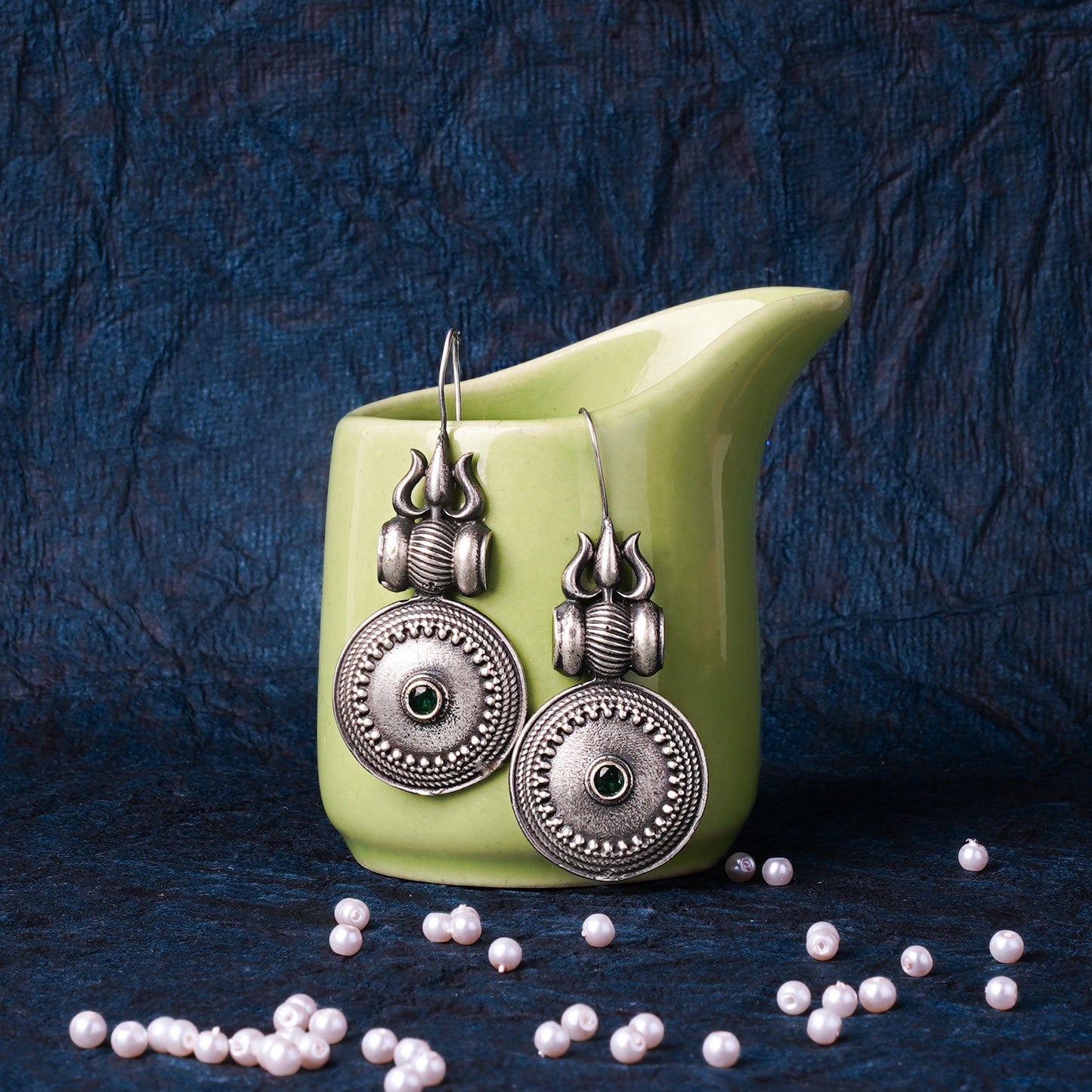 Trishool- Silver Brass Oxidised dangler earrings(Green)