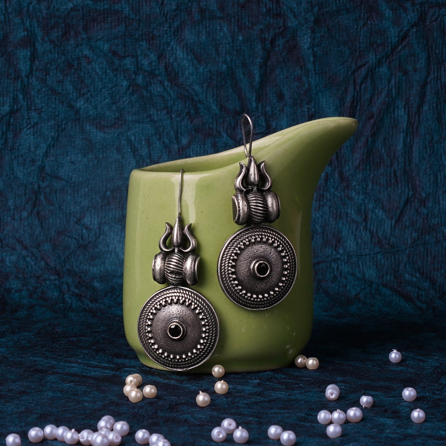 Trishool- Silver Brass Oxidised dangler earrings(Black)