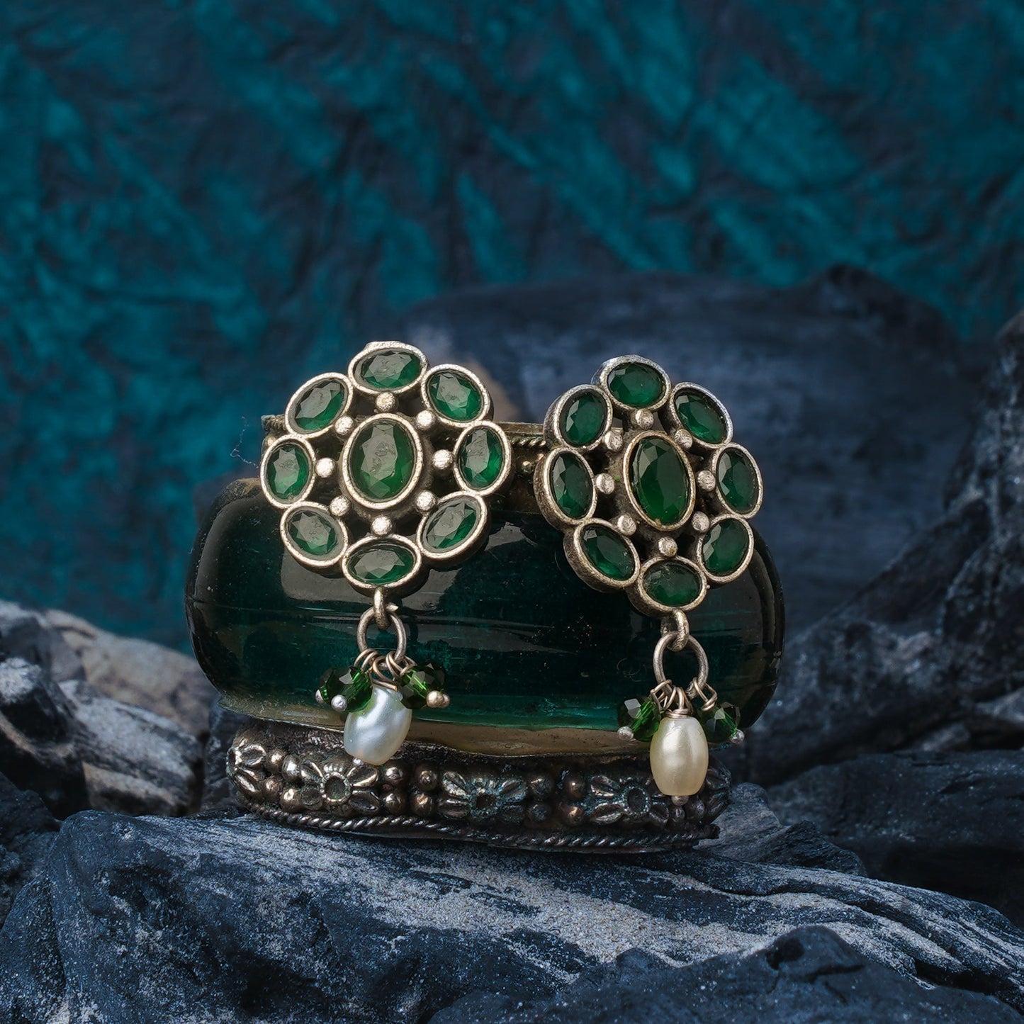 Harit- Silver Brass Stone-Studded Dangler Earrings