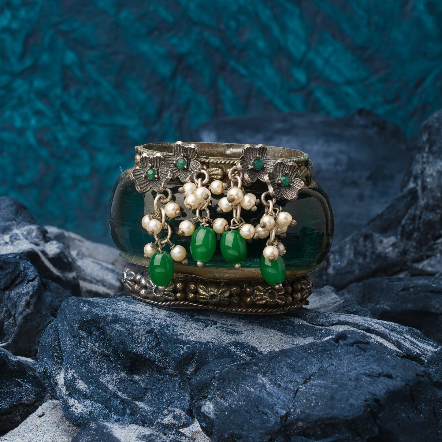 KusumMoti- Silver Brass Pearl stud earrings(Green)