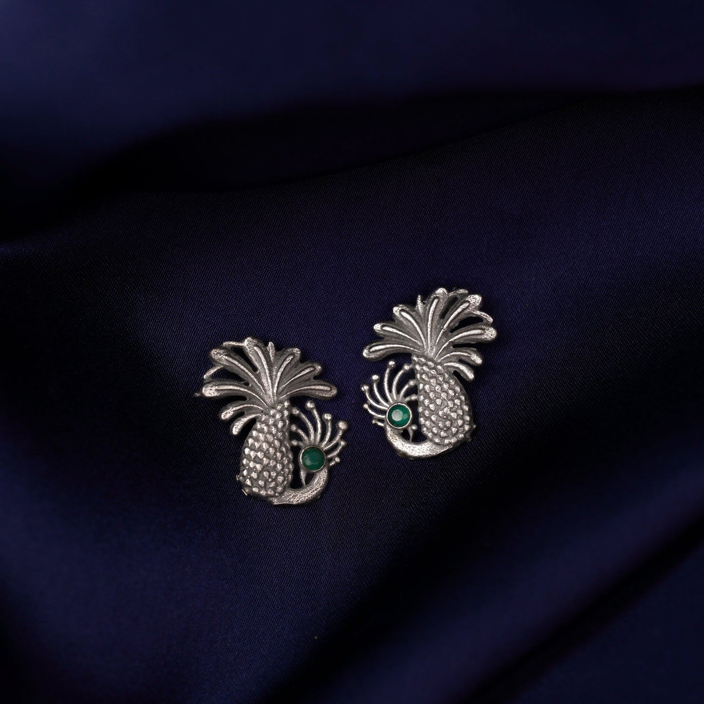 Ananasika- Silver Brass Stone-Studded Stud Earrings(Green)