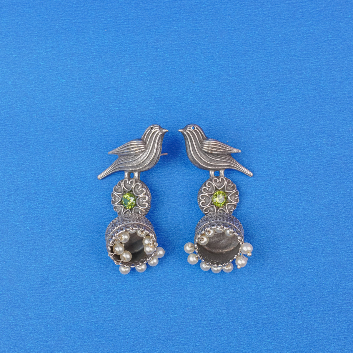 Chakori- Silver Brass Oxidised Jhumka Earrings(Parrot Green)