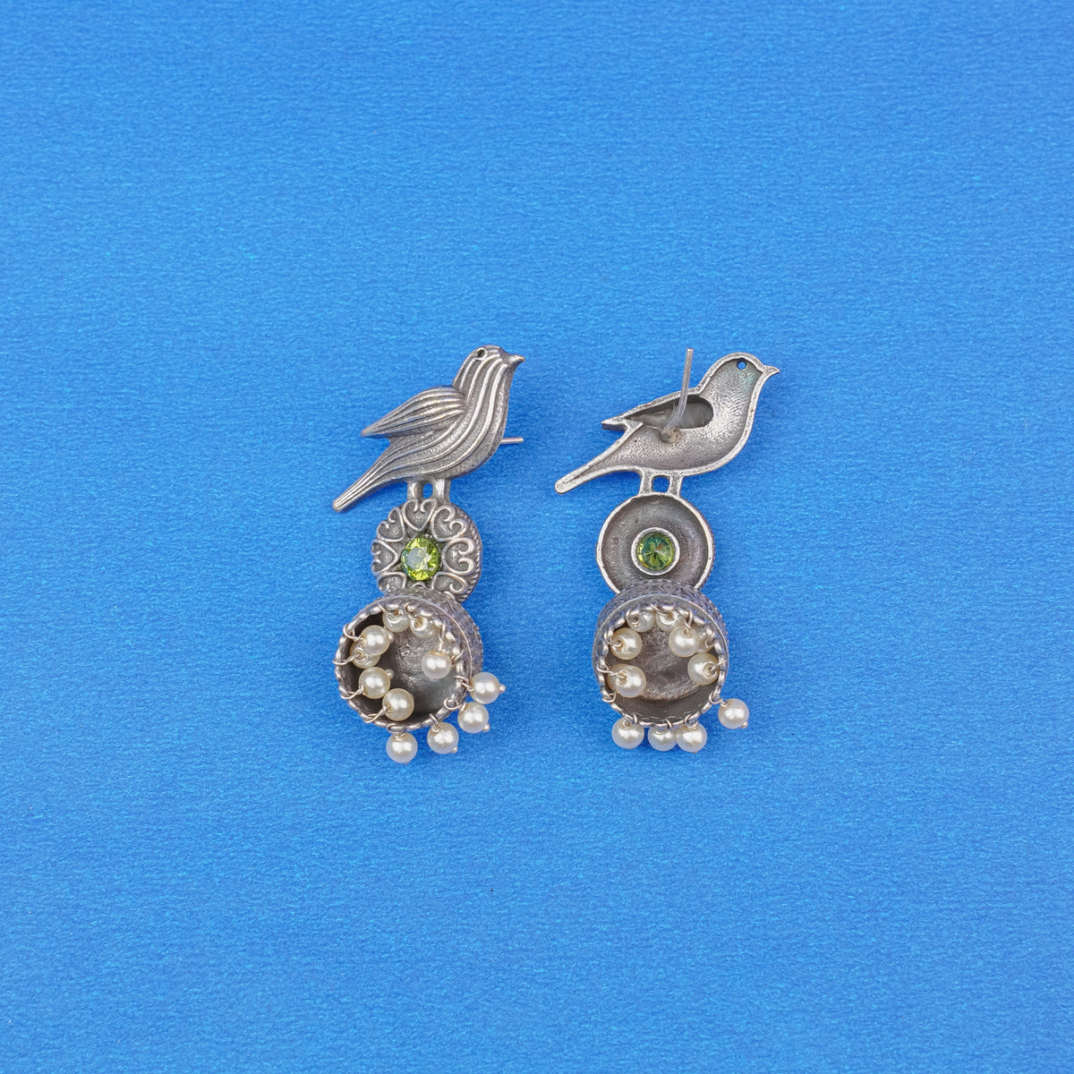 Chakori- Silver Brass Oxidised Jhumka Earrings(Parrot Green)