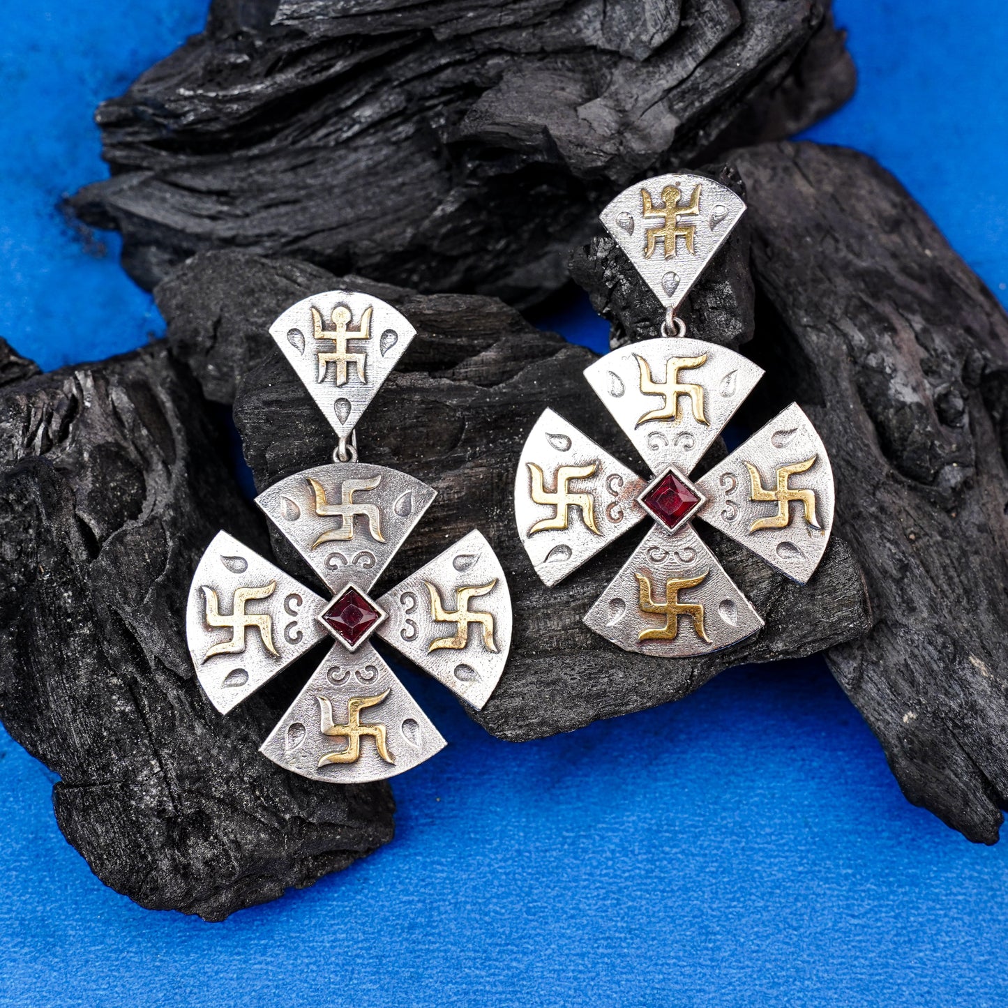Swastik- Silver Brass Stone-Studded dangler earrings