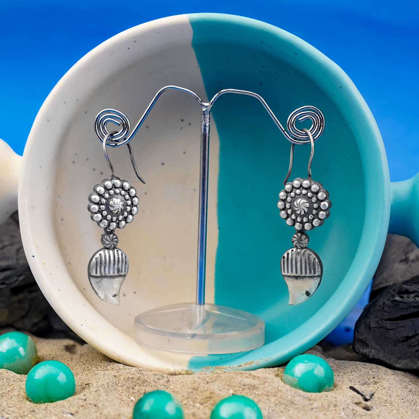 PushpKairi- Silver Brass Oxidised dangler earrings
