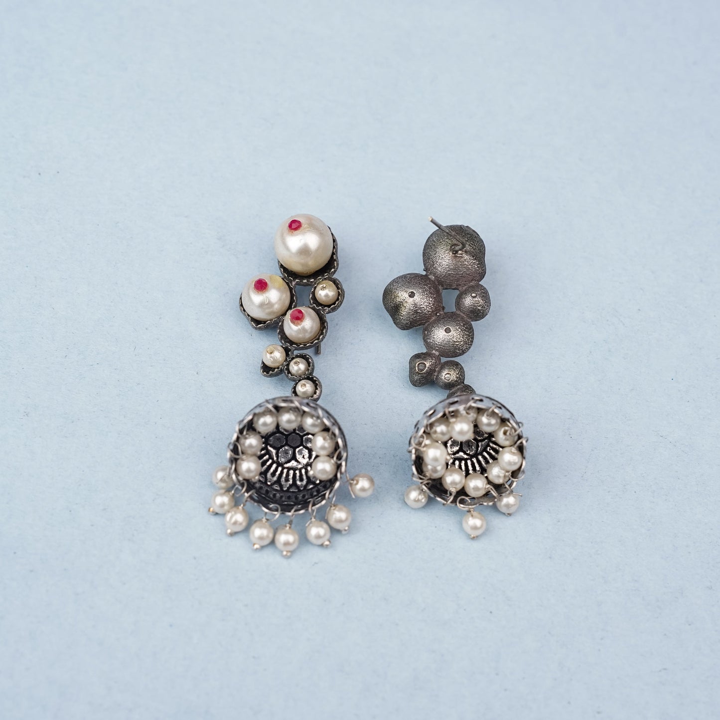Motikshi- Silver Brass Pearl jhumka earrings