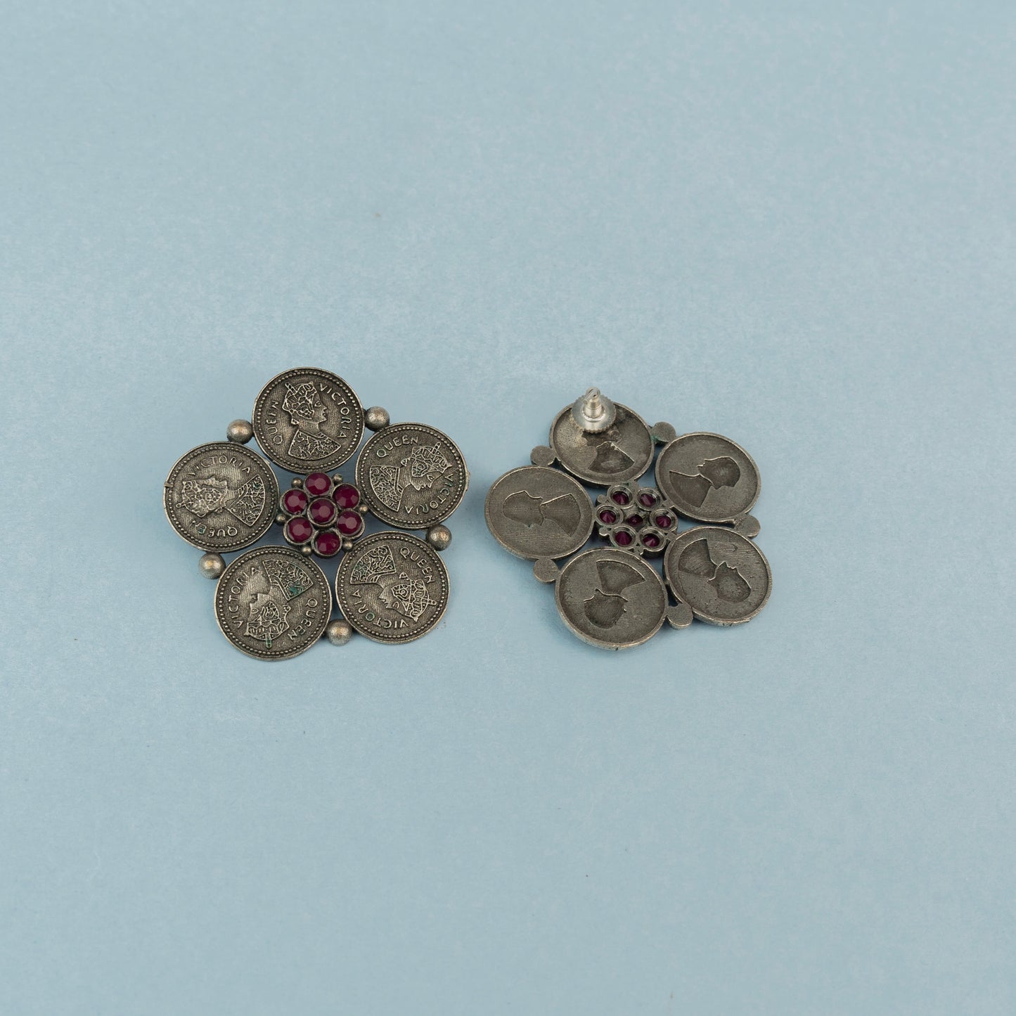 MudraPushp- Silver Brass Oxidised Stud Earrings(Red)