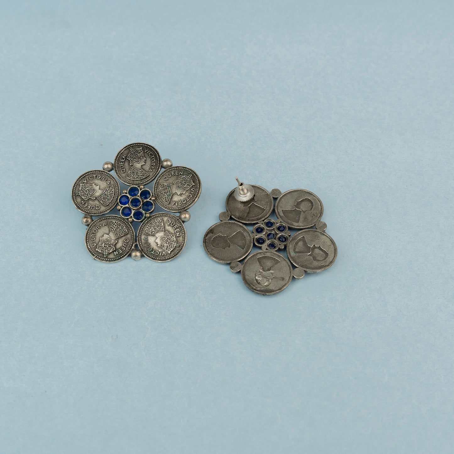 MudraPushp- Silver Brass Oxidised Stud Earrings(Blue)