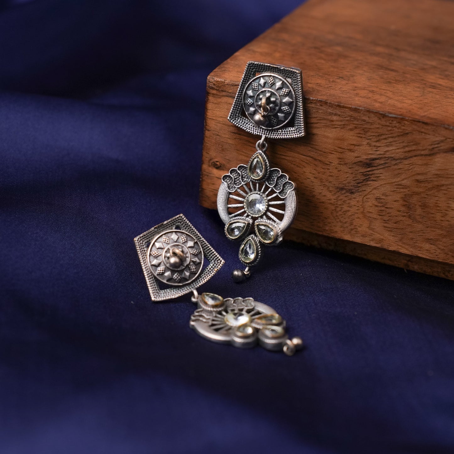 Gulbahar-Silver Brass Oxidised dangler earrings(White)