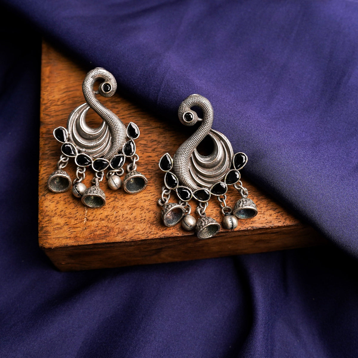 Hansika- Silver Brass ghunghroo dangler earrings(Black)