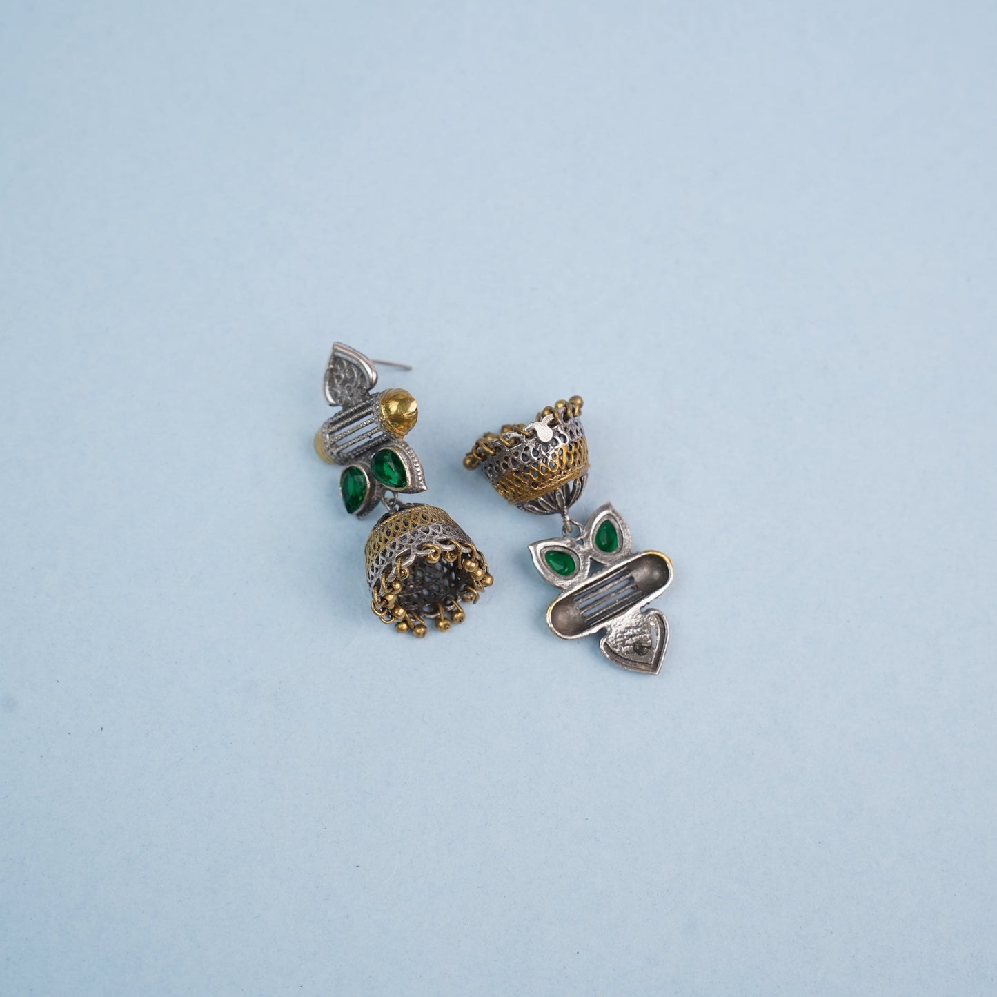 Rupali – Oxidised Silver Brass Stone-Studded Jhumka Earrings (Green)