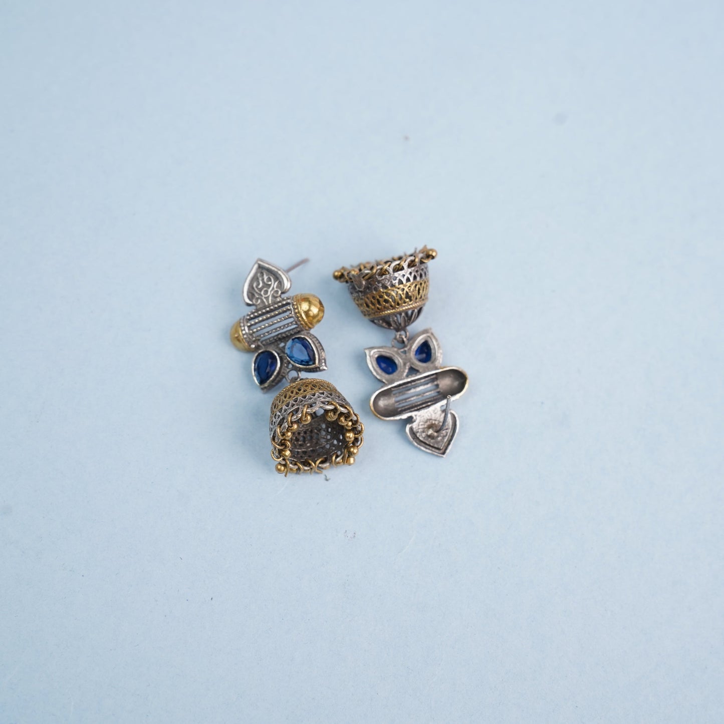 Rupali – Oxidised Silver Brass Stone-Studded Jhumka Earrings(Blue)