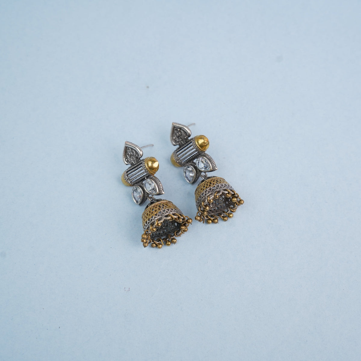Rupali- Silver Brass Stone studdes Oxidised Jhumka Earrings(White)