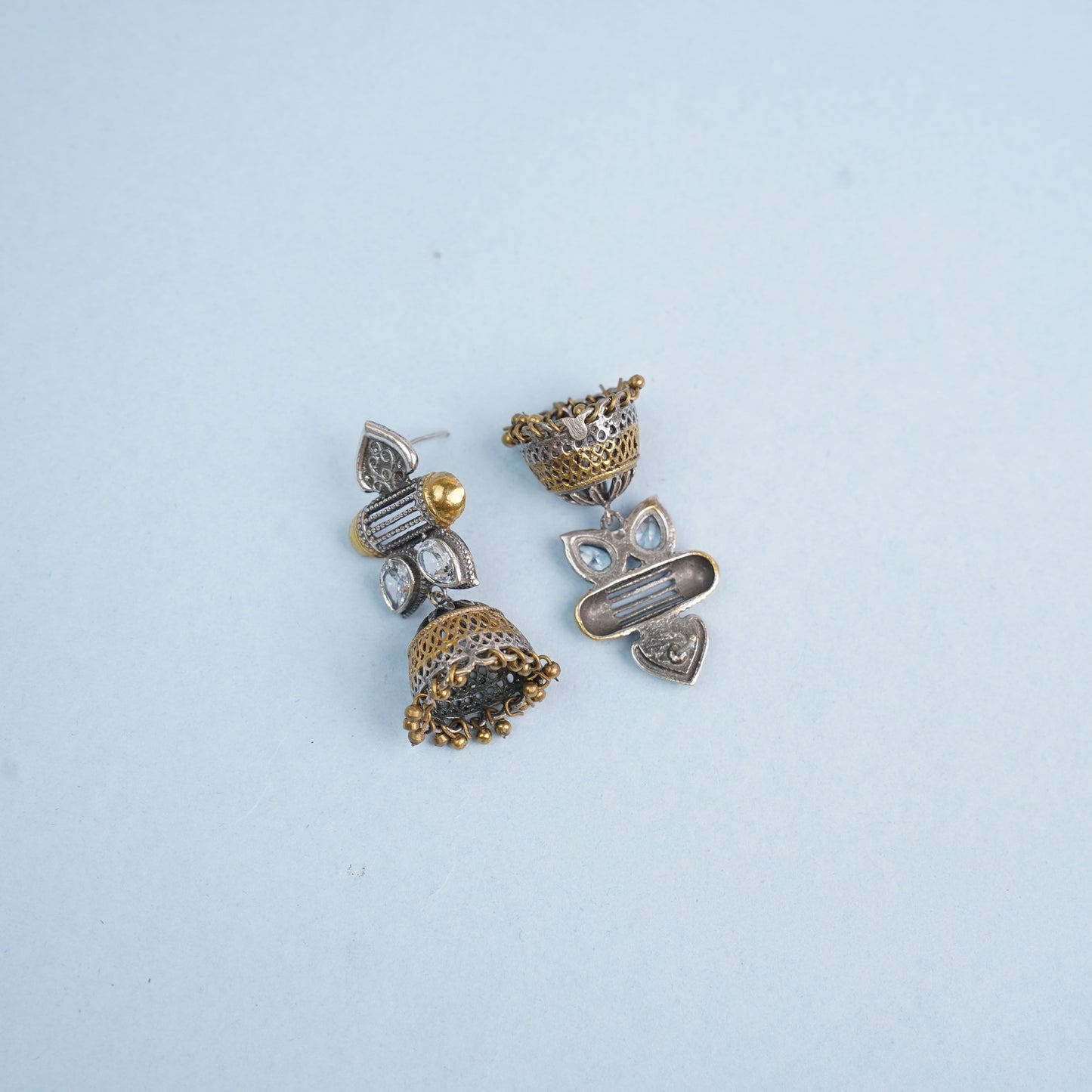 Rupali- Silver Brass Stone studdes Oxidised Jhumka Earrings(White)