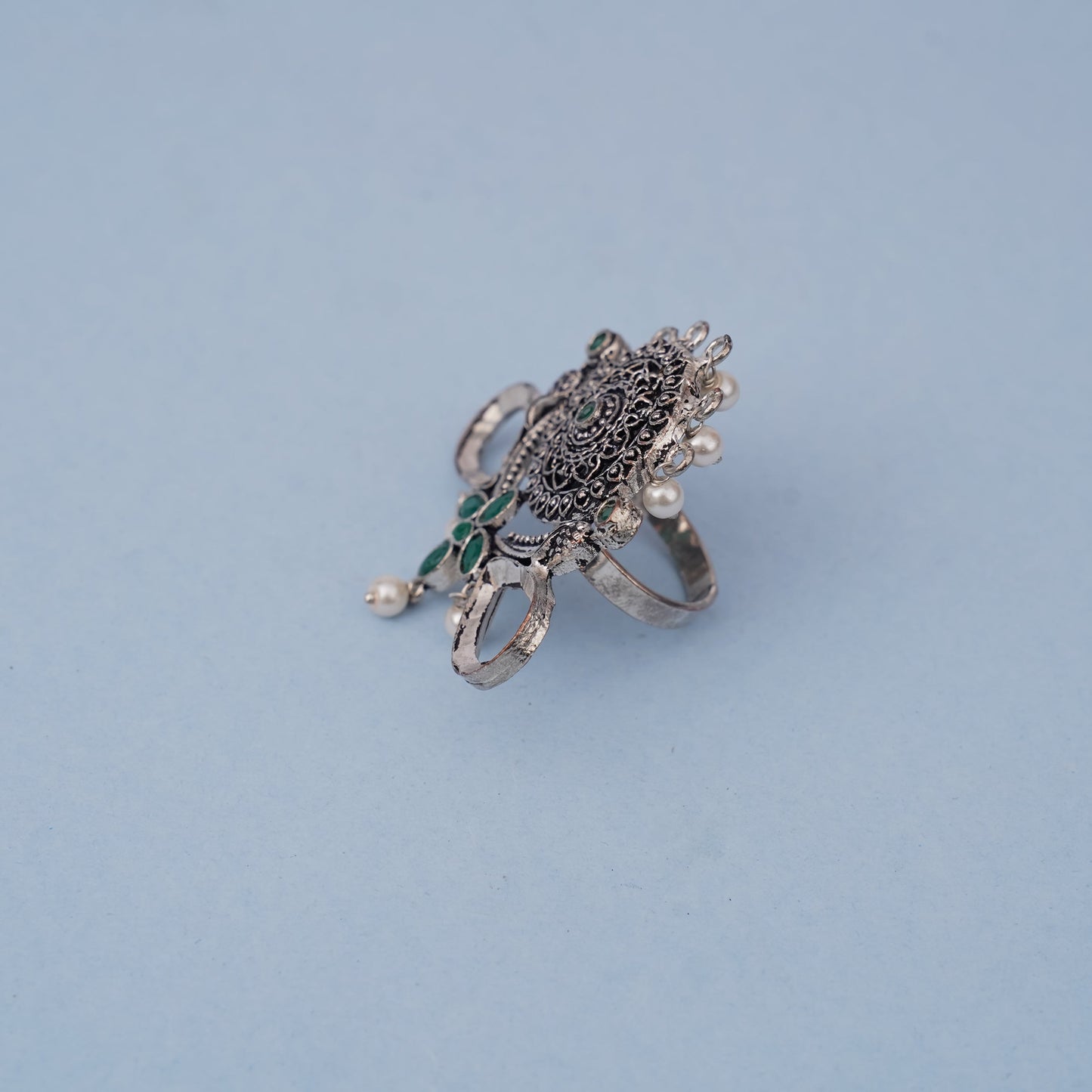 Anwita- Silver oxidised ring (Green)