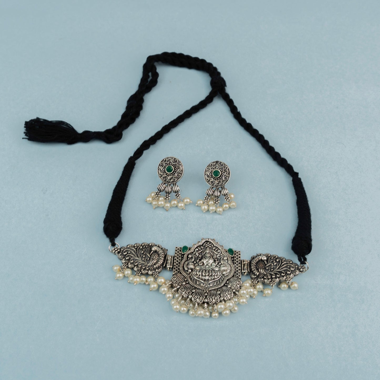 Padmalaya- Stone-Studded Laxmi Motif German Silver Neckpiece set(Green)