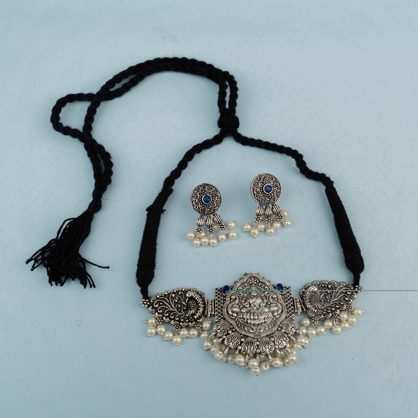 Padmalaya- Stone-Studded Laxmi Motif German Silver Neckpiece set(Blue)