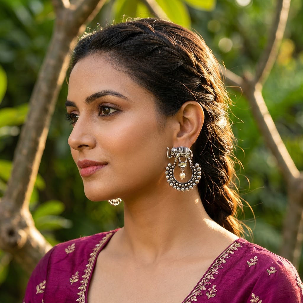 Oxidized Elephant Pearl Chandbali Earrings