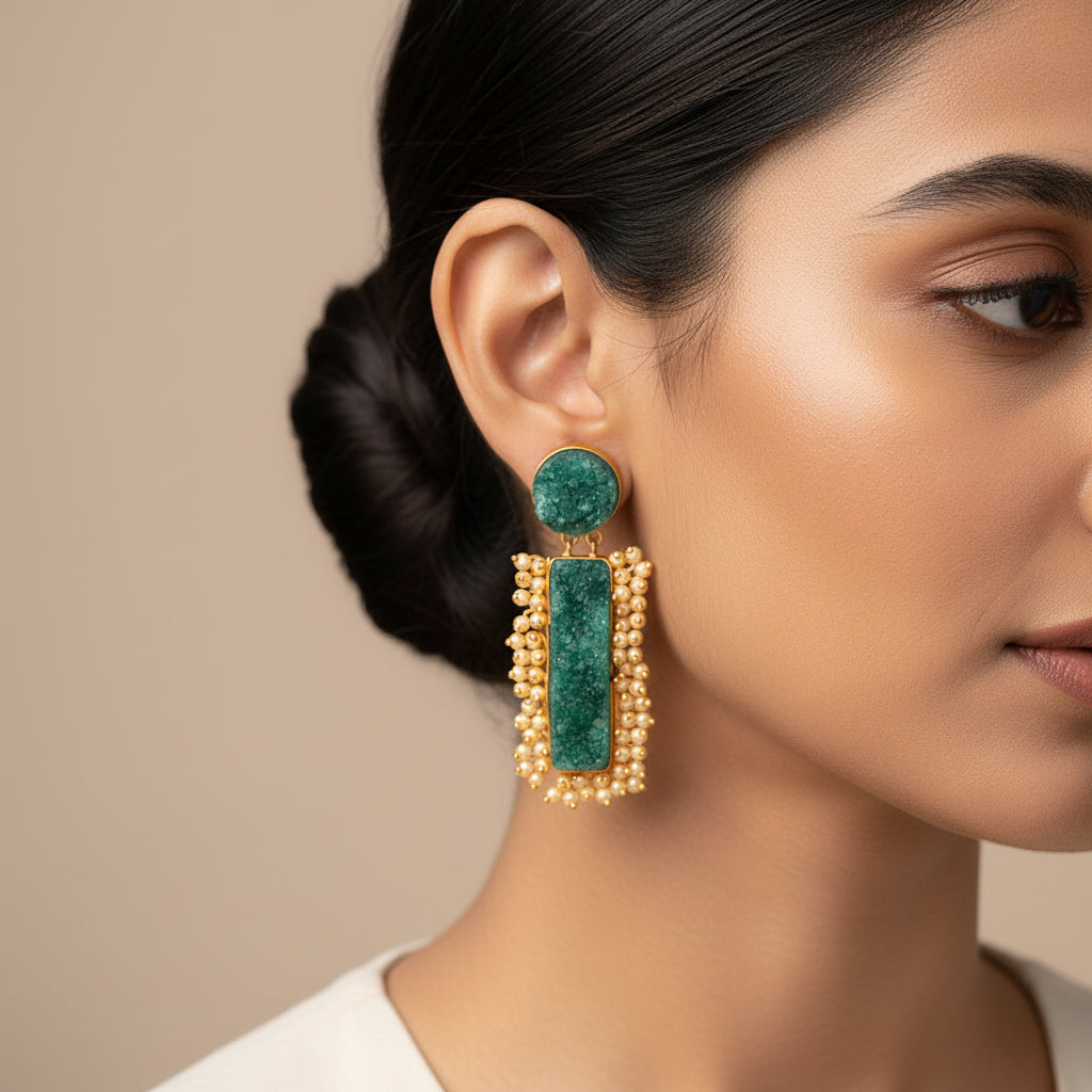 Tarini- Unpolished Stone Embellished With Mini Pearls(Green)