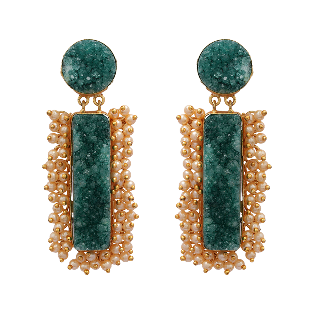 Tarini- Unpolished Stone Embellished With Mini Pearls(Green)