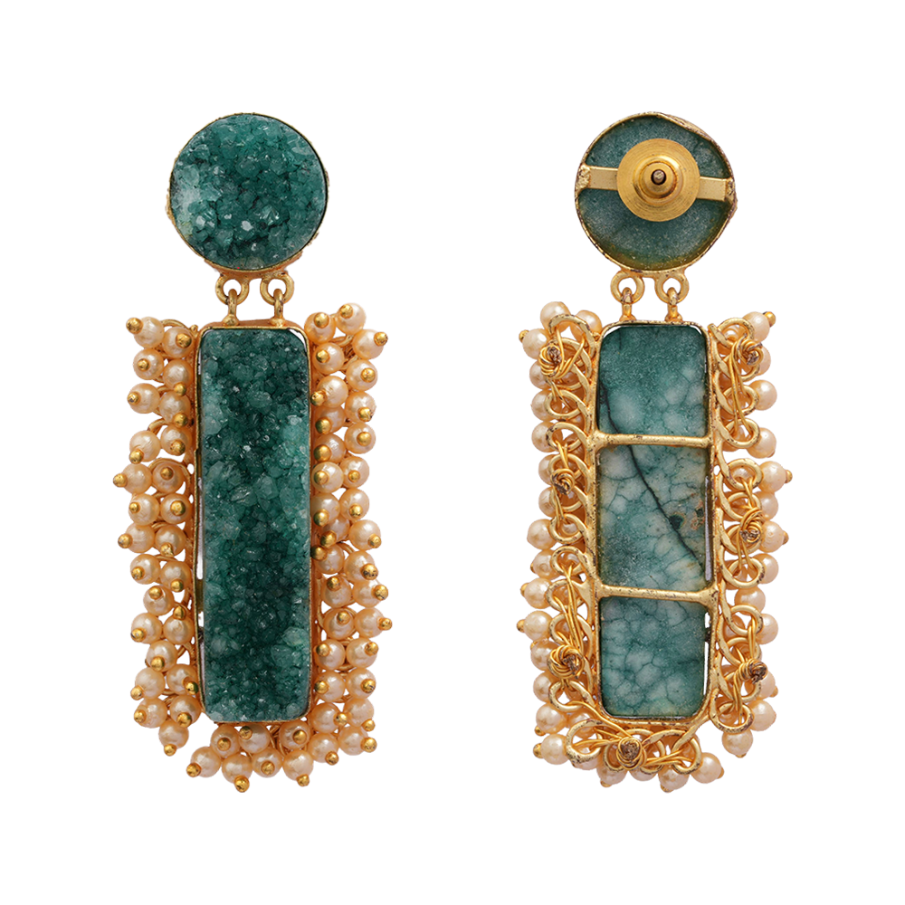 Tarini- Unpolished Stone Embellished With Mini Pearls(Green)