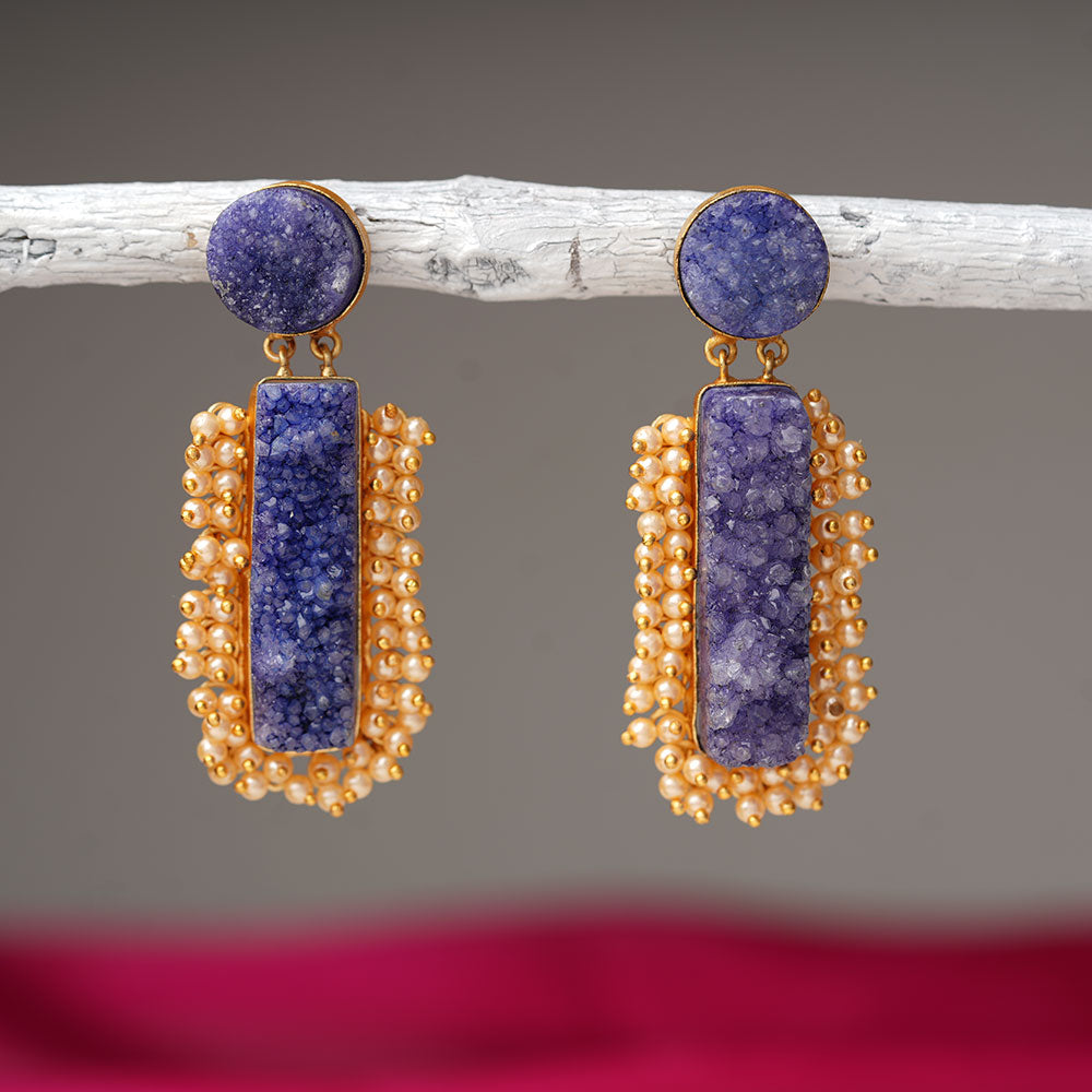 Tarini- Unpolished Stone Embellished With Mini Pearls Dangler Earring(Blue)